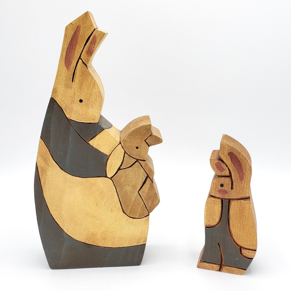 Vintage Carved Wood Easter Rabbit Figurines Folk Art Bunny Dual Side Cottagecore